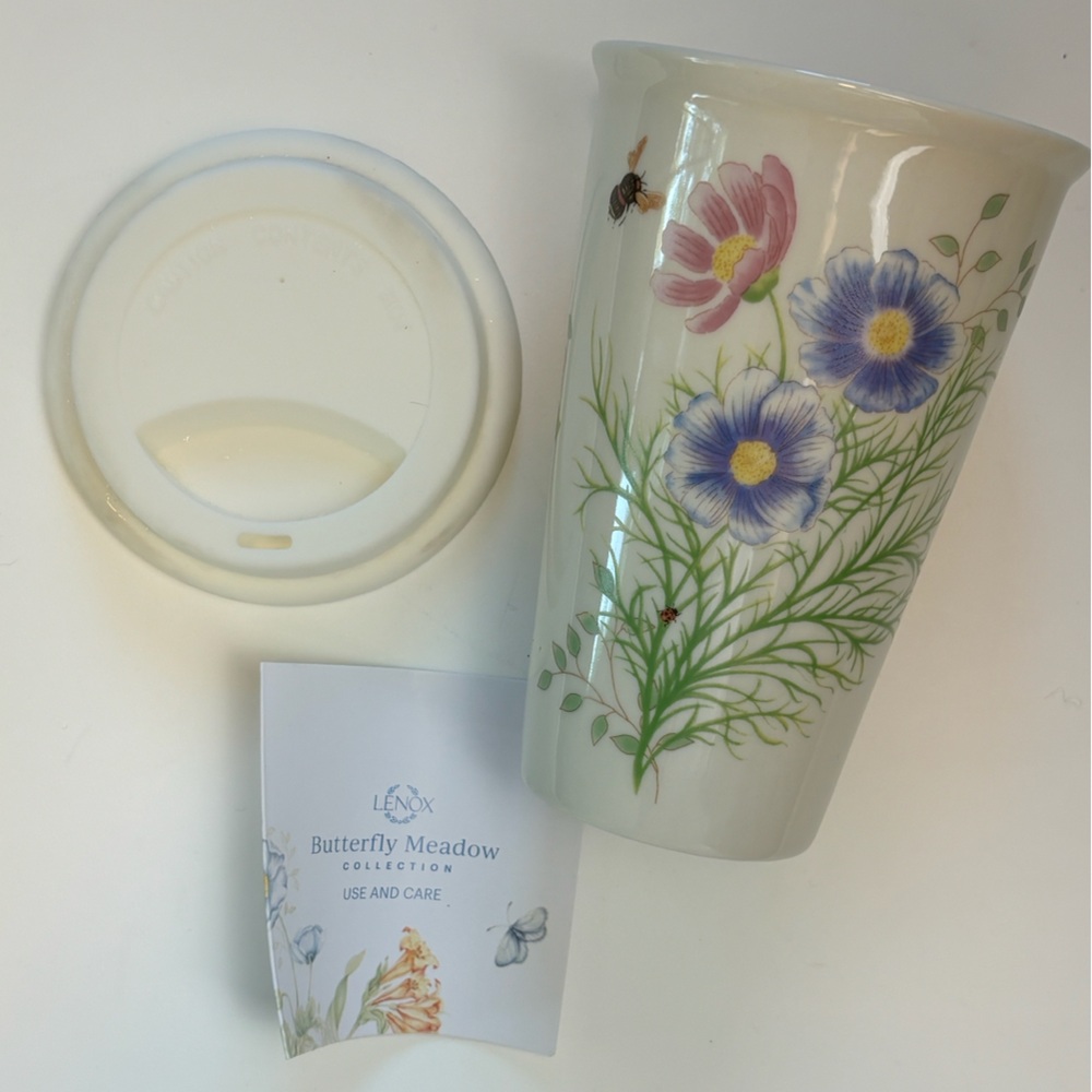 Bundle 2 for $30! NEW Lenox Butterfly Meadow Flutter Ceramic Travel Mug Lid 10oz